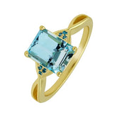 Gold Plated Silver Natural Blue Topaz & Blue Diamond Solitaire Ring For Women, Mother's Day Gifts For Mom Wife Her