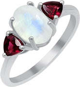 Rainbow Moonstone & Rhodolite Garnet Three Stone Ring, 925 Sterling Silver Moonstone Ring for Women