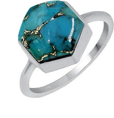 4.05Cts Blue Copper Turquoise Ring, Blue Stone December Birthstone Jewelry, 925 Sterling Silver Hexagon Shape Solitaire Ring for Women