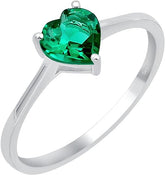 Created Emerald Ring, Sterling Silver Heart Shape Ring for Women, May Birthstone Solitaire Ring