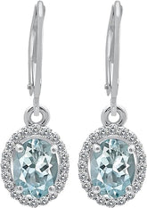 1/3 Ct Diamond & Aquamarine Earrings, 925 Sterling Silver Lever Back Earrings for Women, March Birthstone Cluster Earrings