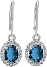 1/3 Ct Diamond & London Blue Topaz Earrings, 925 Sterling Silver Lever Back Earrings for Women, December Birthstone Cluster Earrings