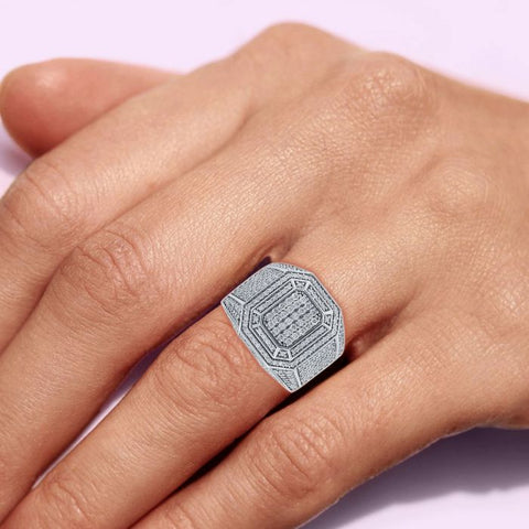 1.82 Ct Men's Iced Out Ring, Large Moissanite Octagon Silver Hip Hop Ring, 925 Sterling Silver Ring